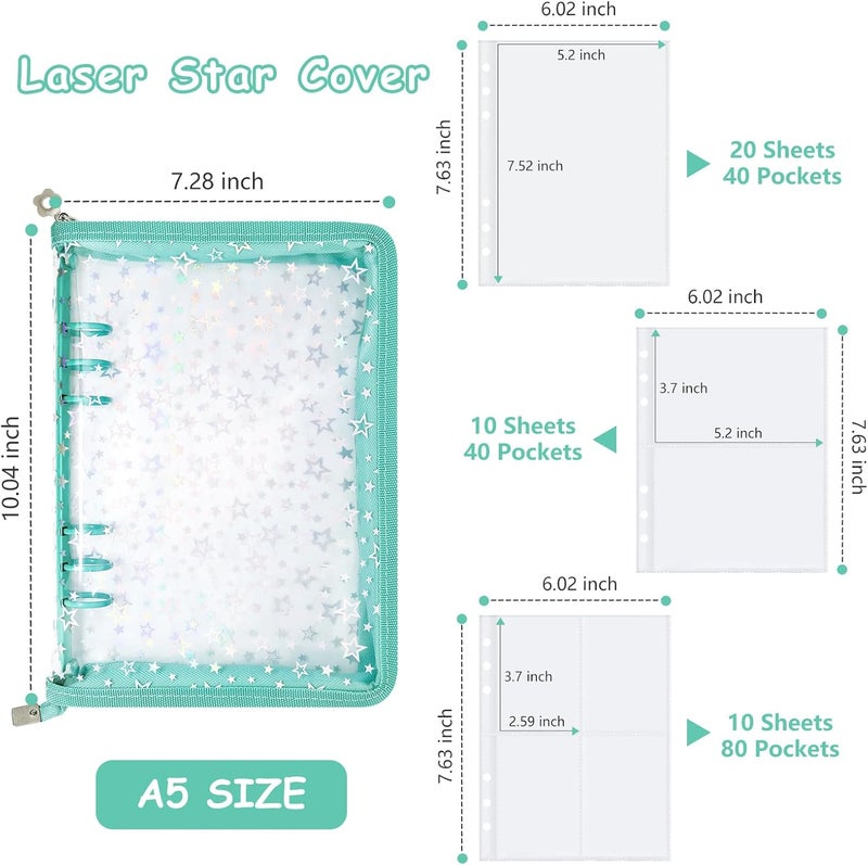 Ruatu Sticker Storage Organizer Binder A5 Sticker Collecting Book Reusable Zipper Album with Clear Laser Star Cover and Pocket Pages (Cyan) - Image 5